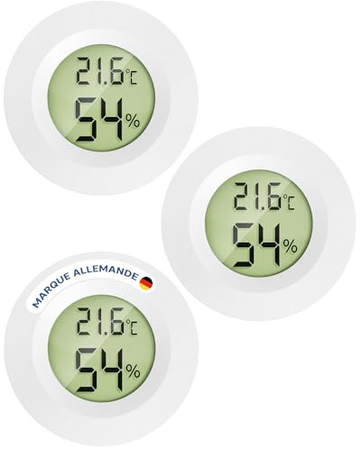 MAVORI® 3er Set Mini Thermometer Hygrometer rund - digitaler Luftfeuchtigkeitsmesser & Raumthermometer mit Spangen-Einbau, C/F & on/off Funktion - für Innenräume, Reptilien, Filament, Grow