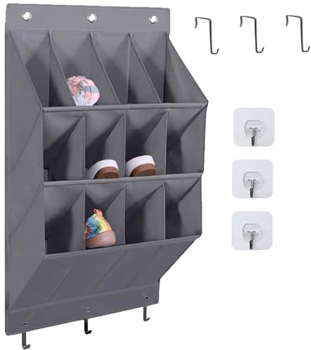 LJEC Rangement Chaussures Suspendu avec 12 Poches Profondes Et 6 Crochets, Porte Chaussures Mural, Organiseur, Noir Tissu en Lin,Rangement Camping Car pour Chaussures, Accessoires De Maison，Gris