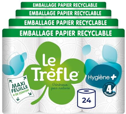 Le Trèfle Hygiène Plus - Papier Toilette, 24 Rouleaux, 4 épaisseurs, Confort Ultime, Douceur remarquable, Maxi Feuilles, Blanc