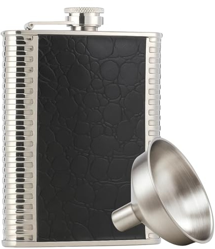 Flachmann Edelstahl, Flachmann 500 ml Mit Gravur, Personalisiert flachmann Mit Becher, Klein 304 Stahl, Schwarz Leder