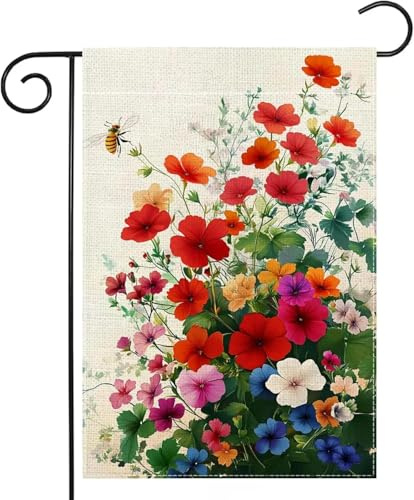 Frühlingsbiene rote Geranien-Gartenflagge, doppelseitig, Willkommens-Sommer, bunte Blume, Hof, Outdoor-Flagge, Haus Ho