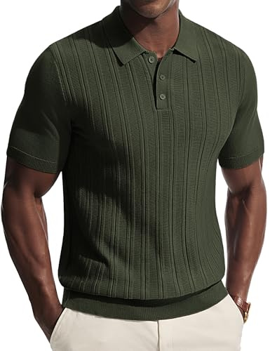 PJ PAUL JONES Poloshirts für Herren Kurzarm mit Knopf Sommer Tshirt Strick Poloshirt Militärgrün L