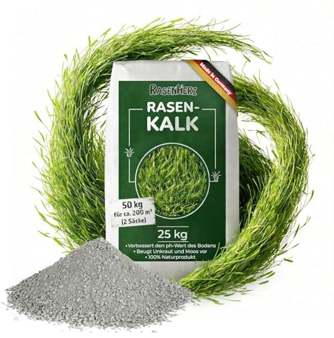 RasenHerz Rasenkalk 50 kg für dichten, grünen Rasen Rasenpflege, Bodenverbesserer, Nährstoffe, Diabas petigi