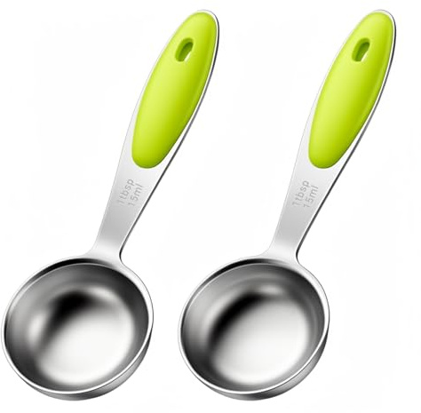 Matwsec 2 Pcs 1 Tablespoon Measuring Spoons 1 Tbsp (3tsp, 1/2oz, 15ml) Stainless Steel Measuring Spoons Green Silicone Grip 1 Tablespoon Scoop for Coffee Pet Food Grains Protein Spices Dry Goods