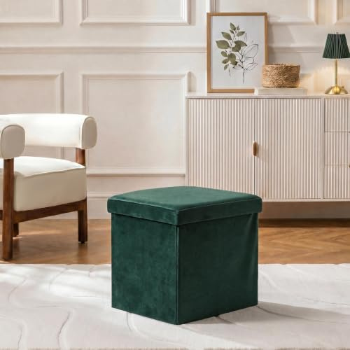 OHS Cube Ottoman Storage Box Matte Velvet Folding with Lid, Woodland Green