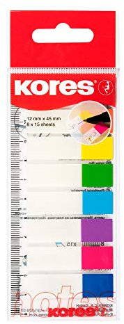 Kores Transparente Register-Indexstreifen auf Lineal, Selbstklebende Seitenmarkierer, 12 x 45 mm, Set aus 8 S Farben zu je 15 Blättern