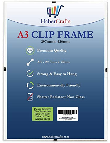 A3 Clip Frame - Wall Hanging Strong Glass Free Frameless Clear Picture Photo for Posters Certificates Photographs Comics Lightweight 297mm x 420mm (24 Pack)