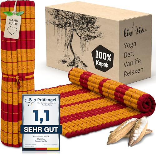 livasia Rollmatte XXL breit Doppelbett - 200x145x4,5cm - Gästebett Gästematratze 2 Personen mit Muster, Reisebett für Kofferraum und outdoor, Thaimatte Kapok Garten und Balkon (Rot/Gelb)