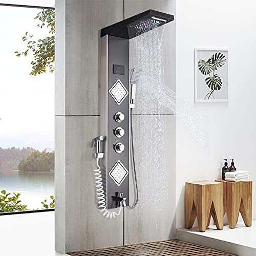 Onyzpily LED Duschpaneel Edelstahl Mit Temperaturanzeige Und 2 Massagedüsen Duschsystem Regendusche Wasserfall Mit Handbrause Duschsäule Für Badezimmer, Silber
