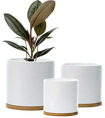 Set 3 Ceramic Plant Pots with Bamboo Coasters Indoor Planters White Pot Set Ceramic Flower Pots Containers Outdoor Large, Medium, Small with saucers (White)