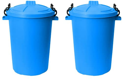 M1SS (Set of 2) 50 Litre Heavy Duty Plastic Clip Lock Lid Bin Indoor or Outdoor Rubbish, Dustbin, Trash, Waste or Storage of Animal Feed. (Sky Blue)