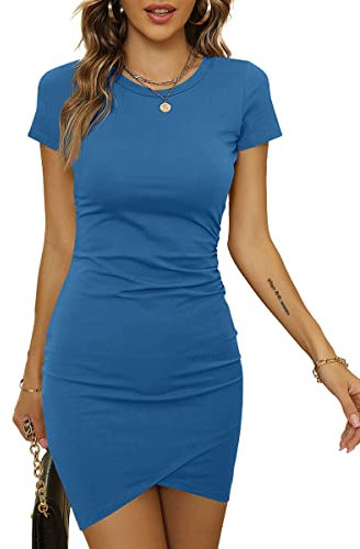 Laughido Enges Wickelkleid Kurzarm Mini Sommerkleid Damen Bodycon Kleid Kurz T Shirt Kleid (Säureblau, X-Klein)