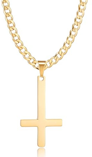 HSWYFCJY Kreuz kette Herren Kreuzkette Vergoldete Gold Edelstahl umgekehrtem Anhänger mit Kreuz Halskette für Männer Christliches Kreuz Halskette 24 Inches