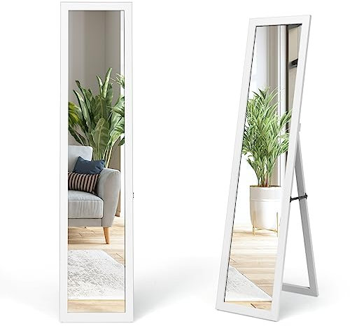 HOMASIS 2 in 1 Standspiegel & Wandspiegel, Bodenspiegel für Ankleiden, Ganzkörperspiegel mit Holzrahmen, Garderobenspiegel für Wohnzimmer & Schlafzimmer, 37x50x148cm (Weiß)