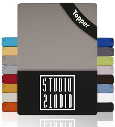 STUDIO Basic Topper Spannbettlaken 200x200cm – Jersey-Spannbetttuch aus 100 % gekämmter Baumwolle – Taupe – bügelfrei, elastisch & Oeko-TEX Zertifiziert – für Topper 4–14 cm