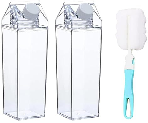 QISF Paquete de 2 botellas de agua de cartón de leche de 500 ml, botellas de leche cuadradas transparentes, botellas de jugo portátiles, reutilizables, creativas, ecológicas, a prueba de fugas, con