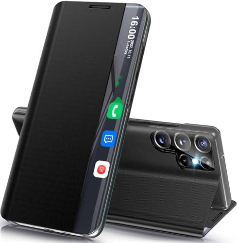 Qissy Phone Case for Samsung Galaxy S24 Ultra 5G Case, Clear View Window Slim Mirror Galaxy S24 Ultra Case with Kickstand, Hard PC Flip Shockproof Protective Cover for Samsung S24 Ultra Case (Black)