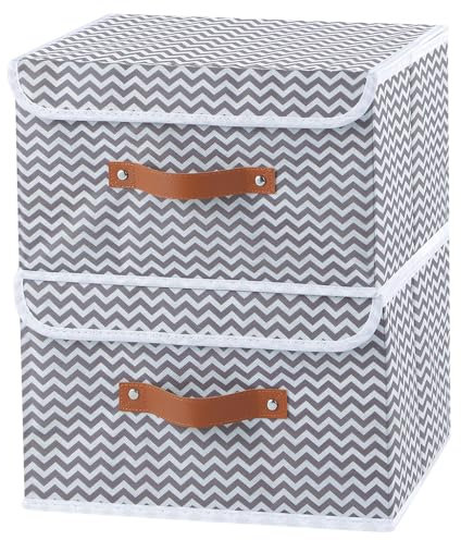 OUTBROS 2-Teilige Aufbewahrungsbox mit Griff, Kisten Aufbewahrung Mit Deckel, Kleiderschrank Organizer, Stoff Aufbewahrungswürfel, Lagerraum für Kleidung im Schlafzimmer, 33 x 23 x 20 cm, Grau/Weiß