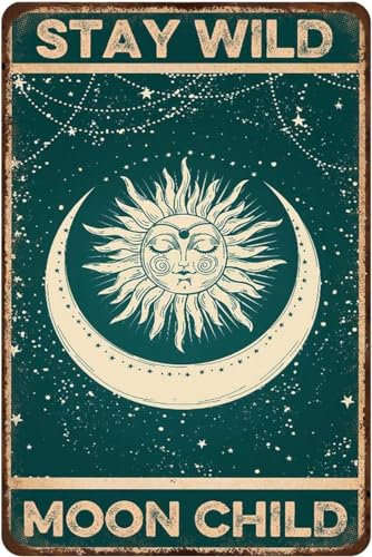 kisoyo Rustikales Retro-Metall-Blechschild Stay Wild Moon Child, Vintage-Poster, Boho-Hippie-Wandkunst, Heimdekoration, Zuhause, Bar, Laden, Dekorationen, Kaffeeschild, Geschenk, 20,3 x 30,5 cm