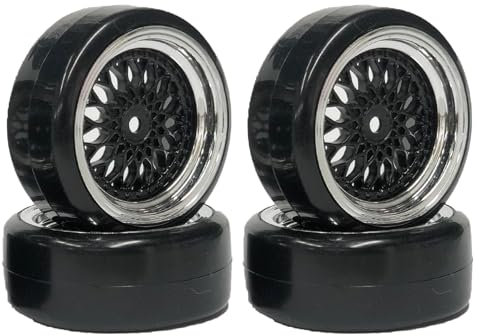 KINGCOO RC Drift Autoreifen und Felge, 63mm RC Hartreifen Drift Kunststoffbeschichtung Rad Felgen für 1:10 RC On Road Run-Flating Racing Car für Tamiya HSP HPI Kyosho (Schwarz Silber, Offset:3mm)