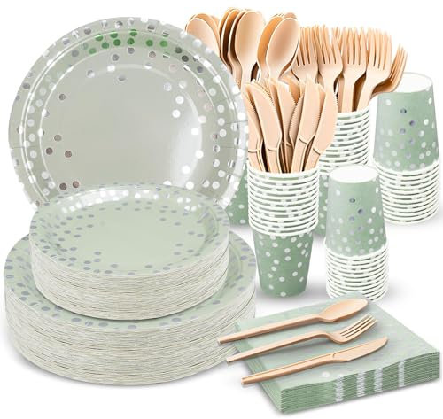 350 piezas de suministros de fiesta verdes – Juego de vajilla desechable de papel para 50 invitados con puntos plateados, incluyendo platos de cena, platos de postre, servilletas, tazas, cuchillo,