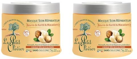 LE PETIT OLIVIER - Masque Soin Réparateur - Karité & Macadamia - Assouplit, Nourrit & Répare En Profondeur - Cheveux Secs Ou Frisés - Sans Silicone - Fabriqué en France - 330 ml (Lot de 2)