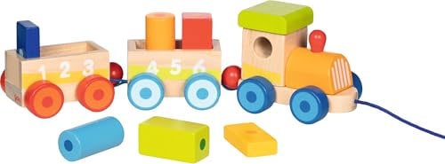 goki 55846 - Zug Madrid aus Holz, magnetischer Bausteine und koppelbarer Anhänger, inkl. Ziehleine zum mobilen Spielen, weckt Fantasie und fördert Motorik, 30cm x 7cm x 8cm, 9er Set, ab 2 Jahre