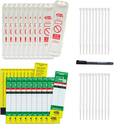 aleawol Ladder Tags Inserts Inspection Record Kit, 10pcs Holders and 20pcs Ladder Inspection Tag Inserts, with Cable Ties and Marker, Ladders Safety Labels for All Ladders in Indoor Outdoor Use
