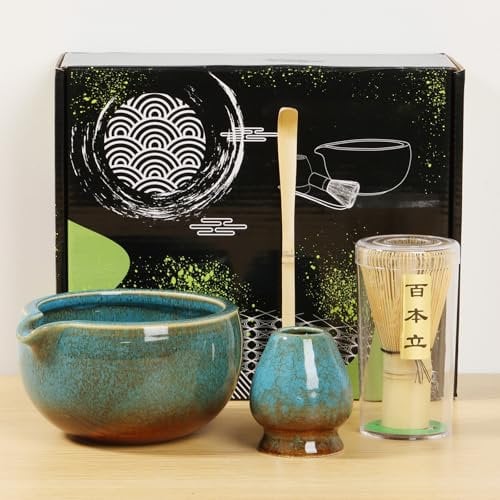 4Pcs Bamboo Matcha Whisk Set, Elegant Matcha Tea Set with Whisk and Bowl, Matcha Spoon, Whisk Holder, Matcha Starter Kit, Manual Matcha Making Kit, Ideal Matcha Kit for Tea Lovers