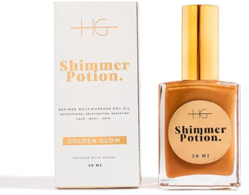 HG AESTHETICS Shimmer Potion Trockenes Honigöl | Feuchtigkeitsspendendes & Glänzendes Öl für Körper & Gesicht (Bronze-Ton) (Goldener Schimmer, 50ML)