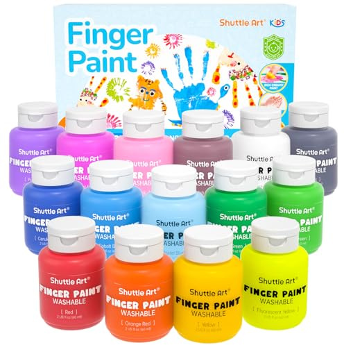 Shuttle Art 15 Colori a Dita per Bambini Atossici, Tempere Lavabili per Bambino 60ml, Tempere per Dipingere Colori Brillanti,Set Pittura Bambini per Arti e Mestieri