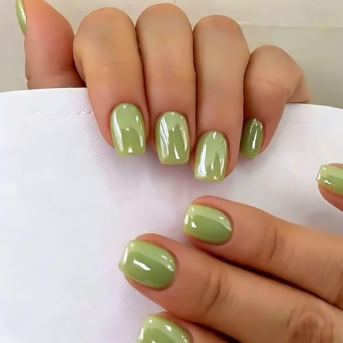 SXVME Chrome Press On Nails Short Square, 30 Pcs Glazed Sage Green False Nails Short with Mirror Finish, Sparkly Bling Fake Nails Press on, Soft Gel Stick on Nail for Women Cute Manicure