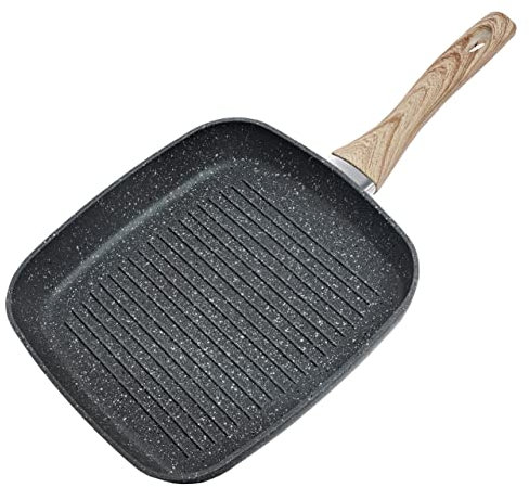 Schallen Anthracite Grey Kitchen Cookware Non Stick Frying Pan Saucepan Cooking Stock Pot Full Pan Set with Soft Grip Handles (Wooden Finish Handle, Griddle Pan - 26cm)