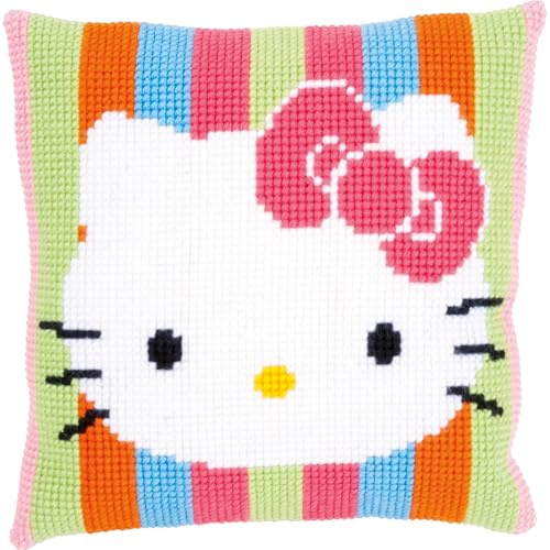 Vervaco Kreuzstich Stickpackungen Kissen Stickerei Set Anfänger Vorgedruckt Hello Kitty Gestreift DIY Set Kreativ Set Für Erwachseneca. 40 x 40 cm Bastelset Handwerker Haus Dekoration