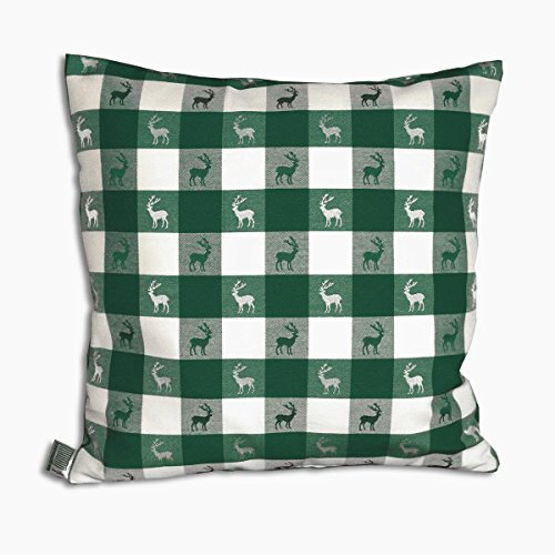 Kissenhülle Karo mit Hirsch in Grün | 1 Stück hochwertiges Zierkissen 40 x 40 cm passend zur Landhaus-Serie | Dekokissen langlebig, grün-weiß kariert aus Webstoff mit kleinen Hirschen