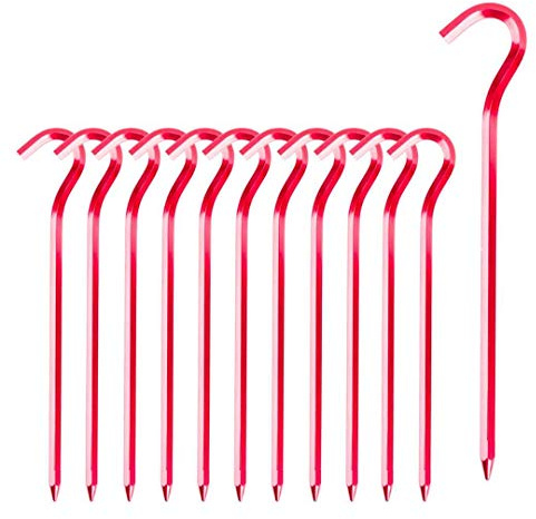 FANBX F 12Pcs Aluminium Tent Stakes Pegs with Hook - 7'' Hexagon Rod Stakes Nail Spike Garden Stakes Camping Pegs for Pitching Tent, Canopy (Red)