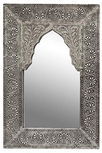 Oriente Espejo Espejo de Pared Malik 42 cm de Altura de Plata | Gran Espejo de la Sala de Marruecos con Marco de Madera Decorado | Espejo de baño sin iluminación como decoración Oriental
