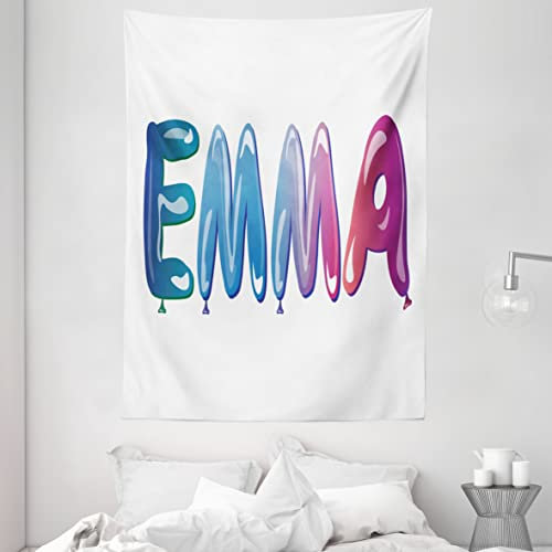ABAKUHAUS Emma Tapiz de Pared, Globo Femenino Nombre, para el Dormitorio Apto Lavadora y Secadora Estampado Digital, 150 x 200 cm, Multicolor