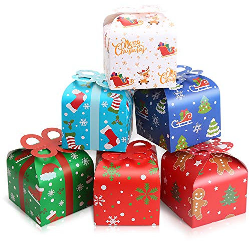 LOKIPA 24pcsChristmas Kraft Paper Gift Treat Goody Candy Sweet Boxes, 6 * 6 Inch Xmas Party Paper Treat Candy Boxes with Bow for Christmas Favor