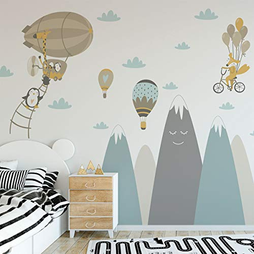 Wandaufkleber, selbstklebend, für Kinder, Riesen-Dekoration, skandinavische Berge für Kinderzimmer, Baby/fliegende Tiere, 100 x 180 cm