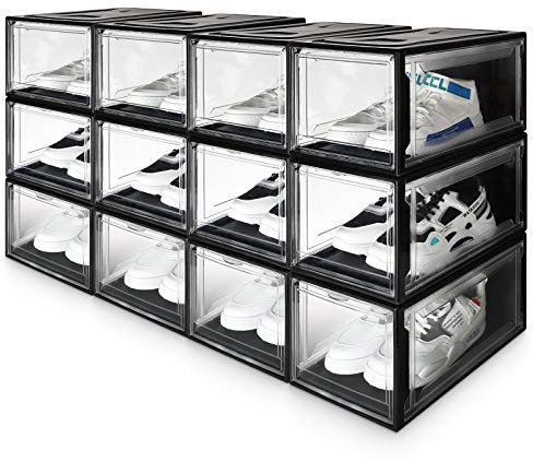 Yorbay 12er Set, Schuhbox Schuhregal, stapelbarer Schuhorganizer, plastikbox mit durchsichtiger Tür, Schuhaufbewahrung, für Schuhe bis Größe 48, Super transparent schwarz