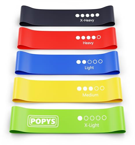 POPYS® Set Gomas Elásticas de Musculación + Bolsa de Almacenamiento y Guía de Ejercicios | Bandas de Resistencia con Niveles de Fuerza Diferentes Hechas de Material TPE. (6 Bandas Multicolor)
