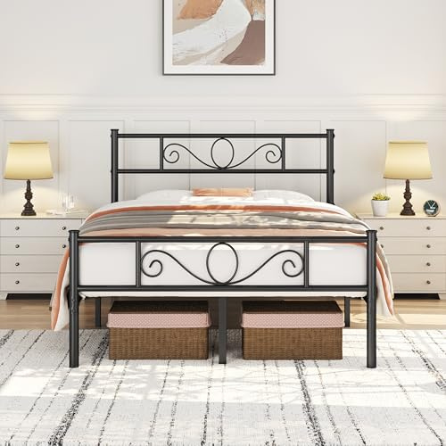 Yaheetech Cama Doble con Cabecera 135x190 cm Estructura Metal Negro | Bese Cama Industrial Matrimonial con Piecero Fácil Montaje