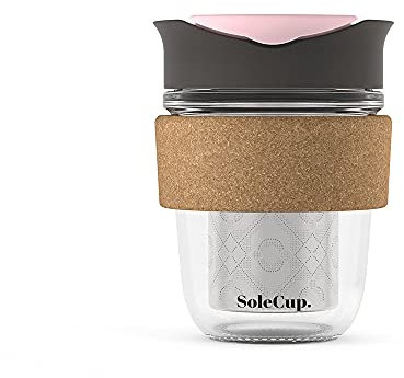 SoleCup. Travel Mug Loose Tea Infuser - Detachable Tea Strainer with Spillproof Lid - BPA-Free Reusable Glass Travel Coffee Cup with Cork Band (Grey)