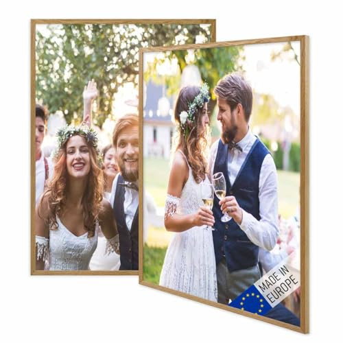 PHOTOLINI Bilderrahmen Holz 50x70 Eiche, Holzbilderrahmen Made in EU, 2er Set, bruchsicheres Acrylglas, zum Aufhängen, extra Zubehör - für Ihre liebsten Fotos & Bilder