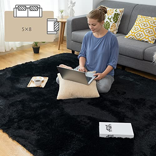 CHOSHOME Tapis Salon 150x240cm Tapis Chambre Moquette Poil Long tapi lit Grande Taille Tapis Poils Longs Moderne Tapis Convient pour Le Salon Tapis Noir