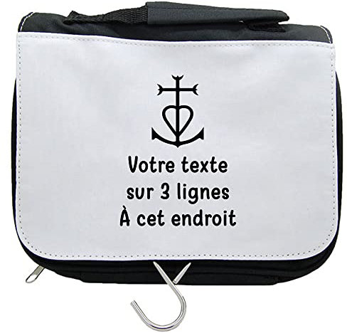 Kulturbeutel Reise zum Aufhängen Piktogramm Camargue-Kreuz mit Text personalisierbar, Schwarz , one size