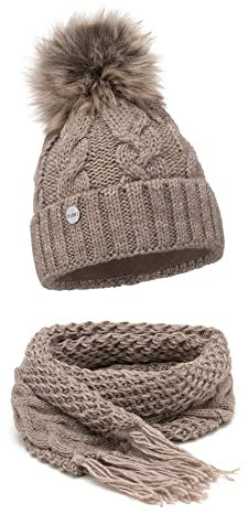 ELIMELI® Winter Mütze Schal Set Damenmütze mit Fell-Bommel Fleece Innenfutter - 2-teilig Damen Winterset - Wintermütze und passender Schal Damenschal- Strickmütze gefüttert (Cappucino)