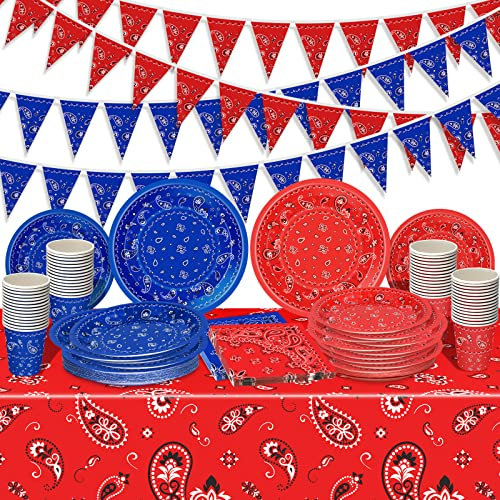 123 Pcs Western Cowboy Party Decoration Include 1 Plastic Paisley Print Tablecloth 2 Bandana Pennant Banner 60 Disposable Paper Plates 30 Cups and 30 Napkins for Western Cowboy Theme Party (Red, Blue)