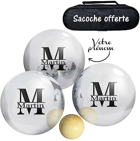 KDO MAGIC - Boule de pétanque personnalisée - Triplette 550g gravée - Pétanque Personnalisable - Lot de 3 Boules et 1 cochonnet - Idée Cadeau (Modèle Majuscule)